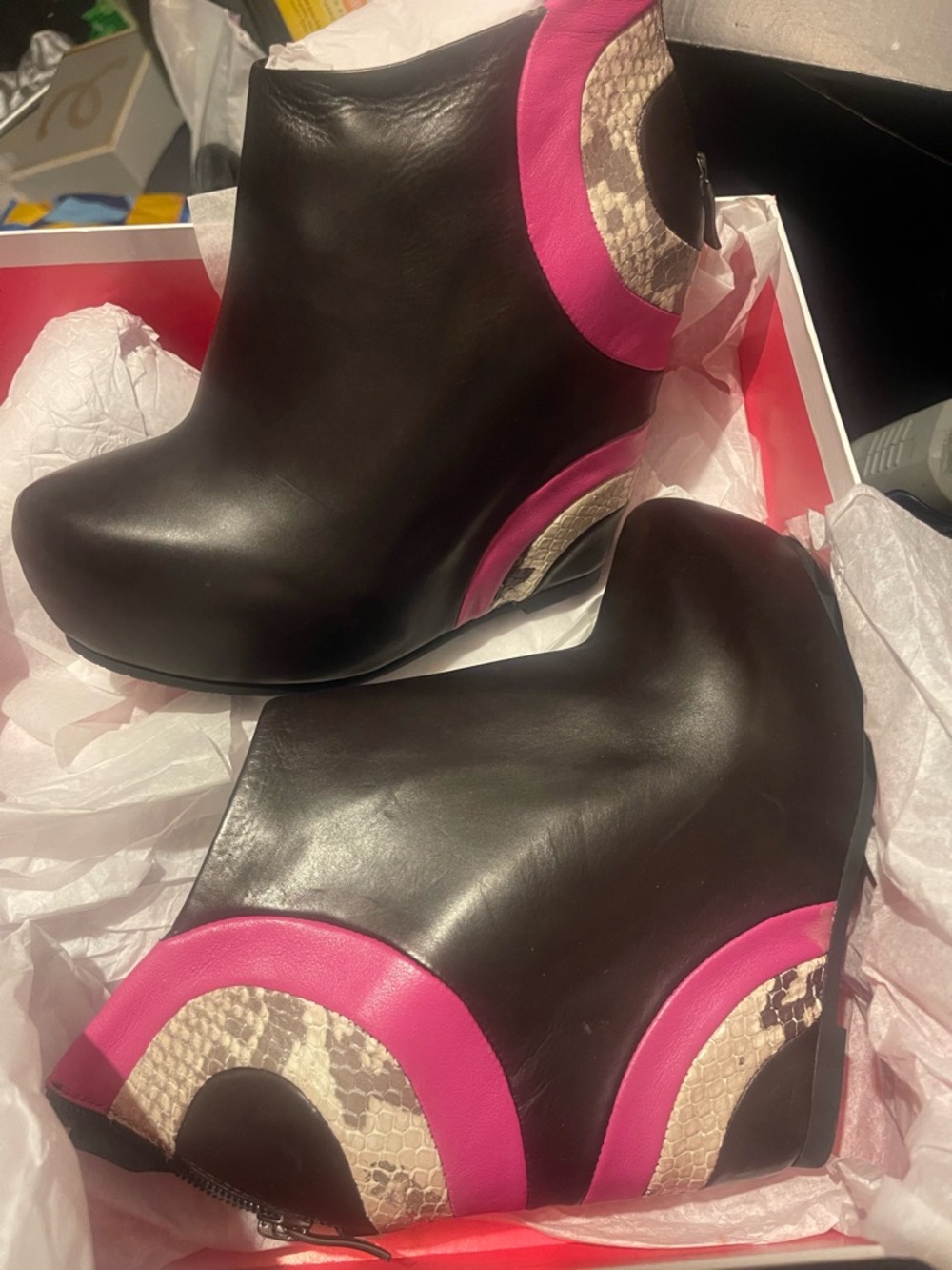Women's Black Wedge Booties with Pink and Snake-Print Accents